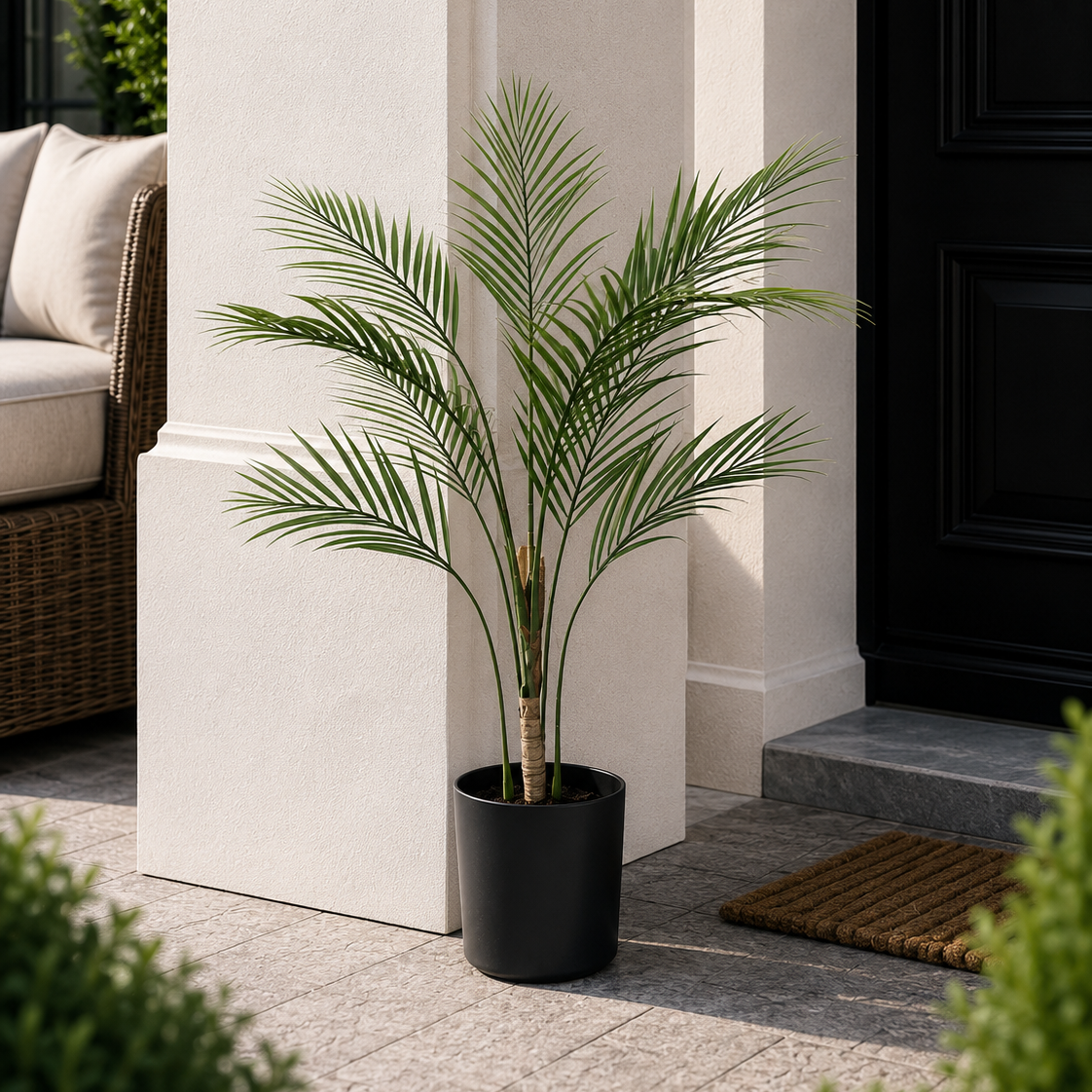 Artificial UV palm tree green 3ft tall with realistic foliage in a small pot