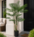 Artificial UV palm tree 5ft tall with green fronds in a black pot for indoor and outdoor decor