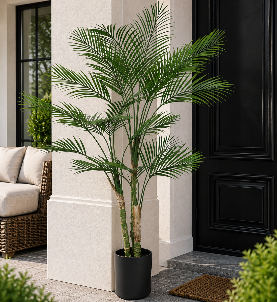 Artificial UV palm tree 5ft tall with green fronds in a black pot for indoor and outdoor decor