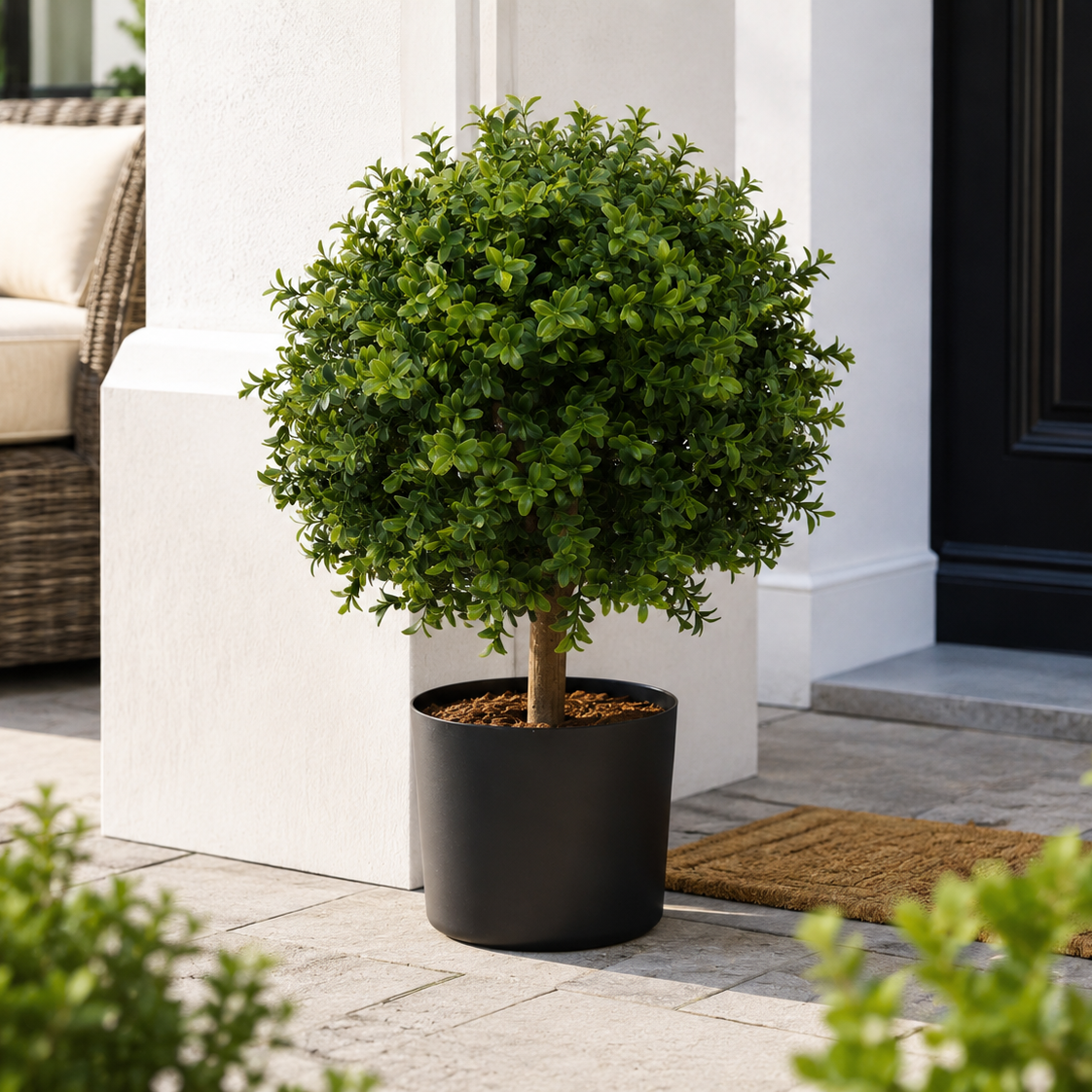 Artificial UV boxwood ball topiary tree 2ft 2in with dense green foliage in a pot