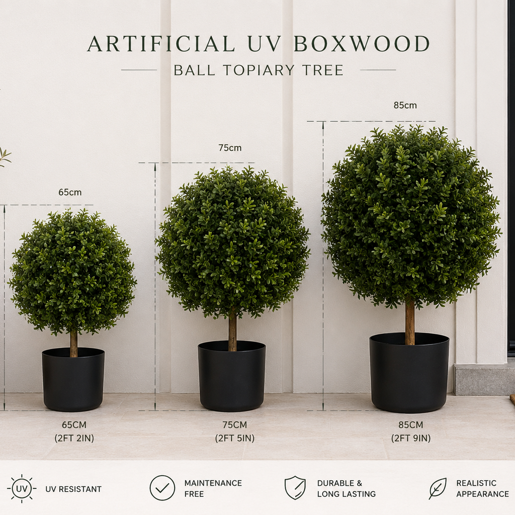 Artificial UV Boxwood Ball Topiary Tree with dimensions and features on a neutral background
