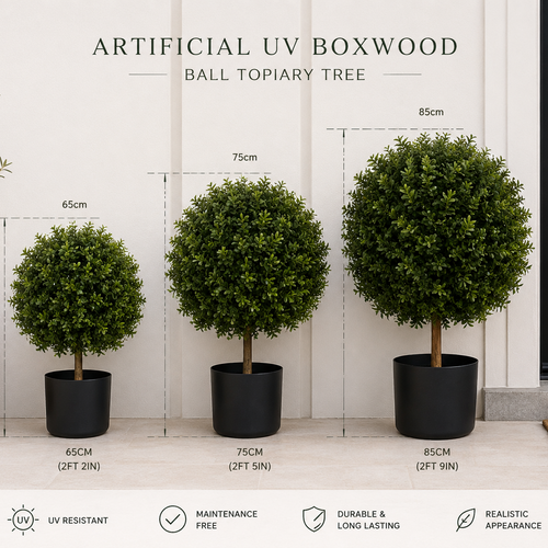 Artificial UV Boxwood Ball Topiary Tree with dimensions and features on a neutral background