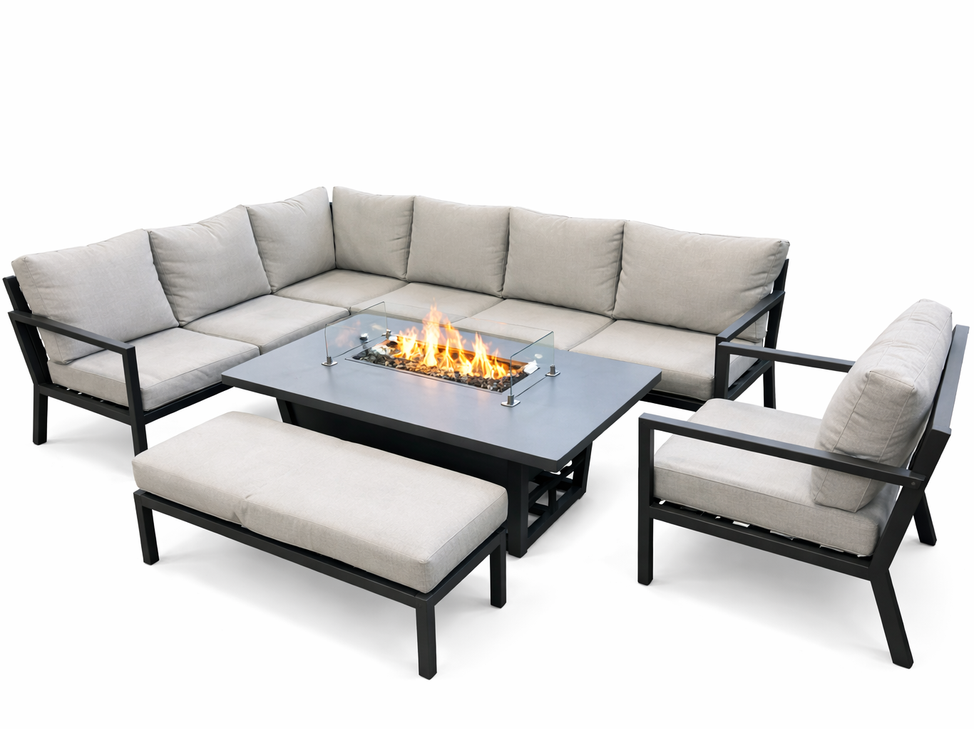 Torino Aluminium Fire Pit outdoor corner sofa set with rising table and cushions in modern patio setting