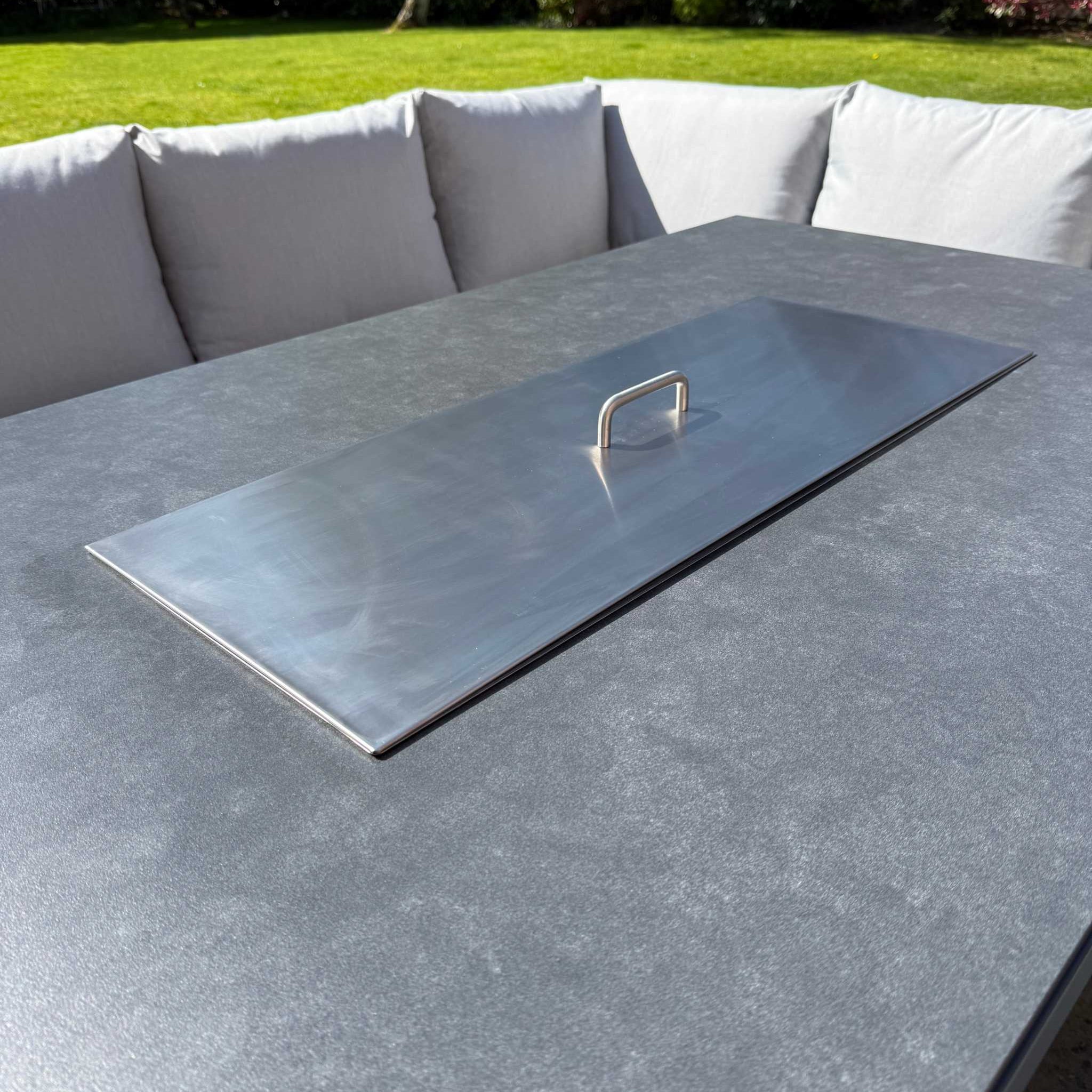 Torino Aluminium Fire Pit outdoor corner sofa set with rising fire pit table and neutral cushions