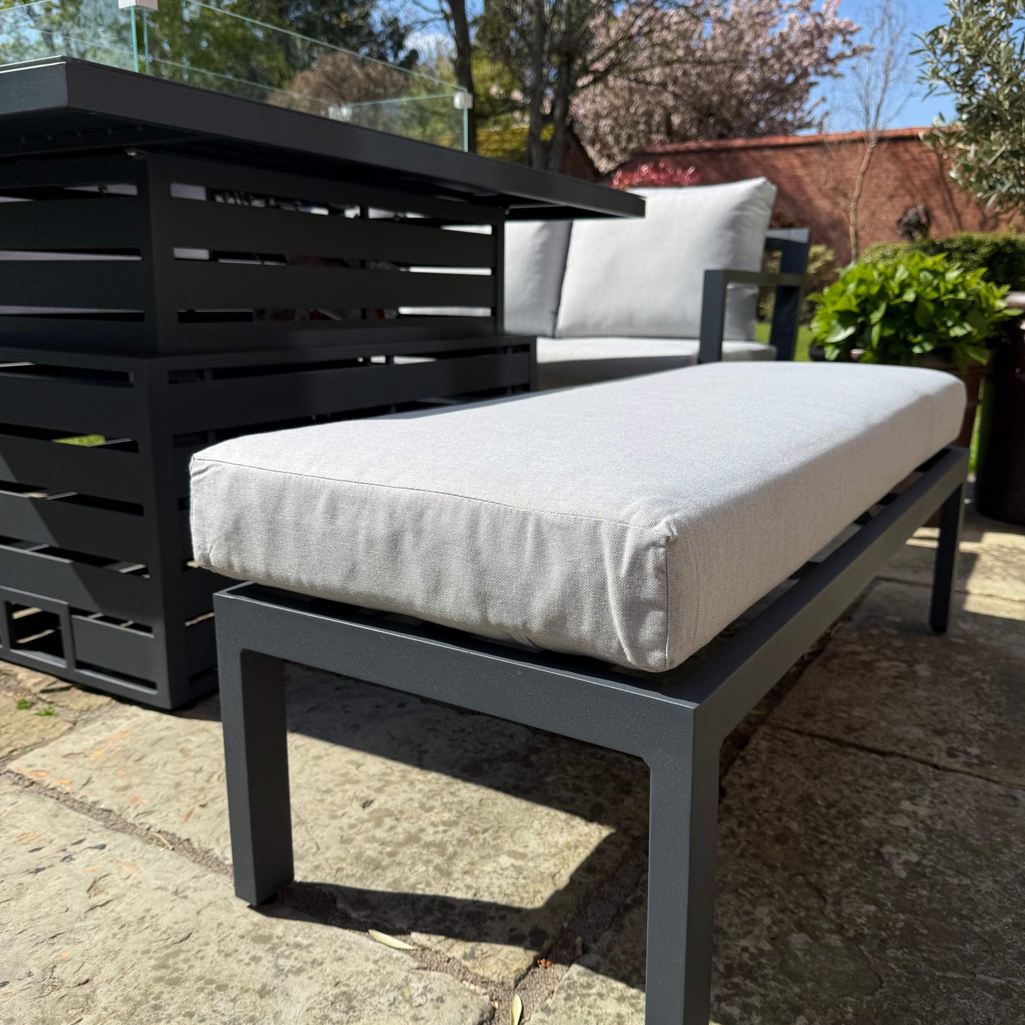 Torino Aluminium Fire Pit outdoor corner sofa set with rising table and deep cushions