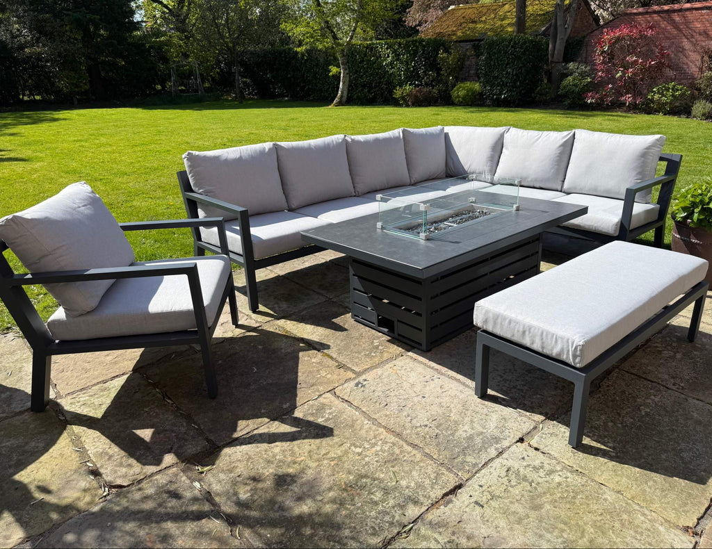 Torino Aluminium Fire Pit outdoor corner sofa set with rising table and deep cushions