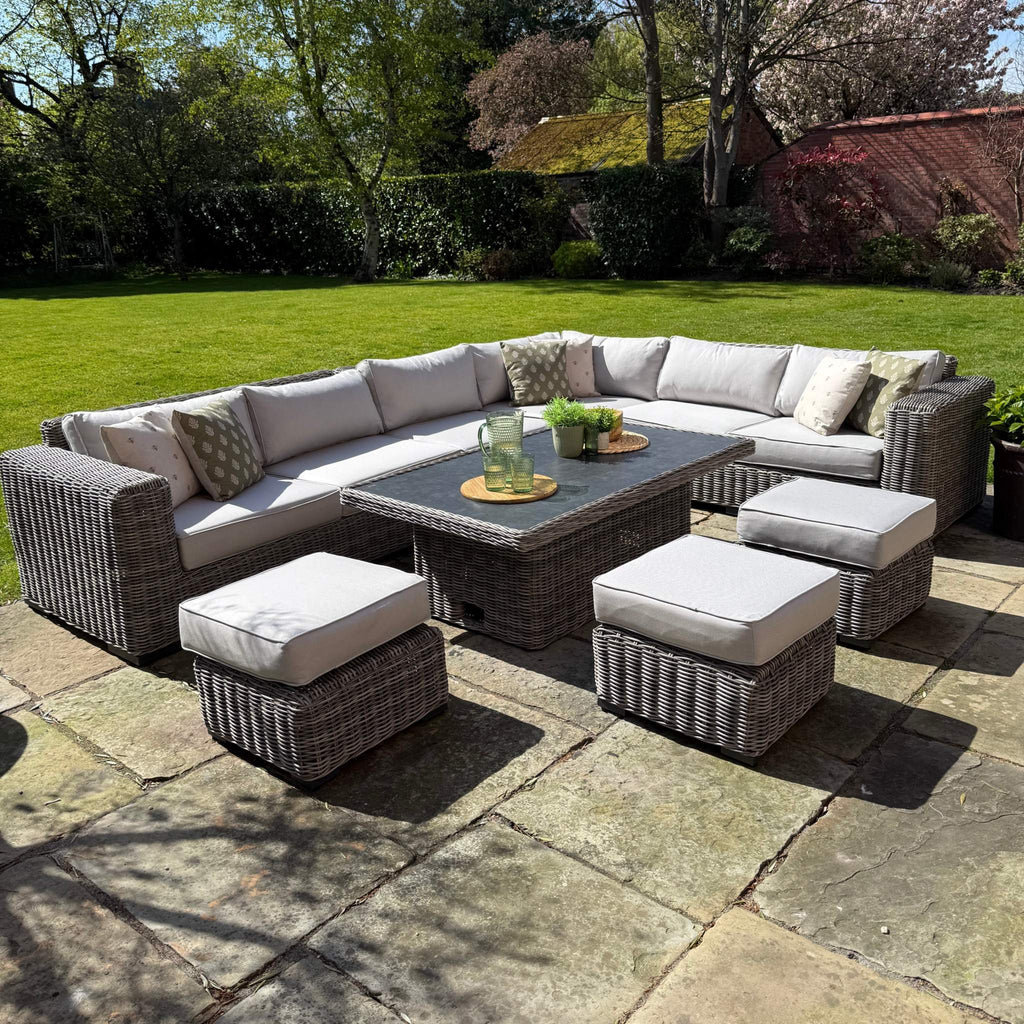 Ravello outdoor garden lounge set with powder coated aluminium frame and neutral PE rattan corner sofa
