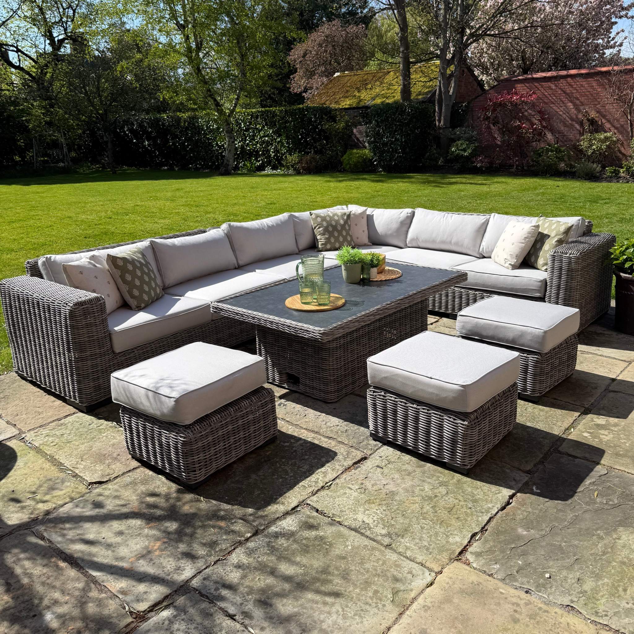Ravello outdoor garden lounge set with powder coated aluminium frame and neutral PE rattan corner sofa